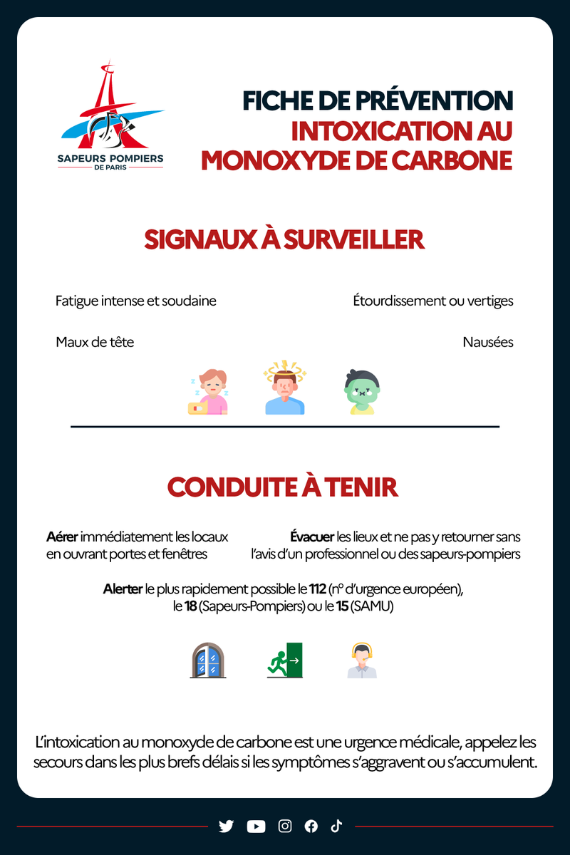 PompiersParis's tweet photo. #MardiConseil

Avec le retour du froid automnal, le risque d'une intoxication au monoxyde de carbone augmente drastiquement !

Maux de tête, fatigue intense, nausées : si ces signes apparaissent, aérez votre logement, éteignez vos appareils et sortez de chez vous. https://t.co/MUl75q9VvI