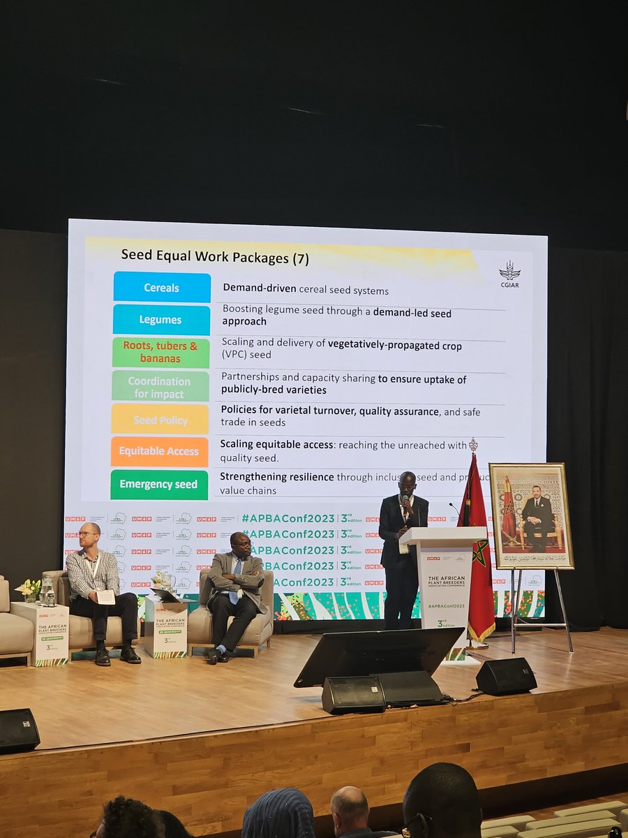 Exciting session on the @CGIAR  #GeneticInnovations initiatives at the  #APBAConf2023. Chris Ojiewo presents the  #SeedEqual initiative and key areas of focus.