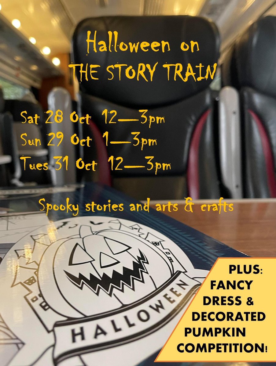 StoryTrain2025's tweet photo. Halloween is coming! 

We're open 28,  29 &amp; 31st Oct with a spine-tingling story by Catherine Pugh and free arts &amp; crafts on The Story Train at Weardale Railway.

Stories take place on the Bubble Car (green train next to The Story Train) at Stanhope, @WeardaleRailway. https://t.co/dUjBRwskvv