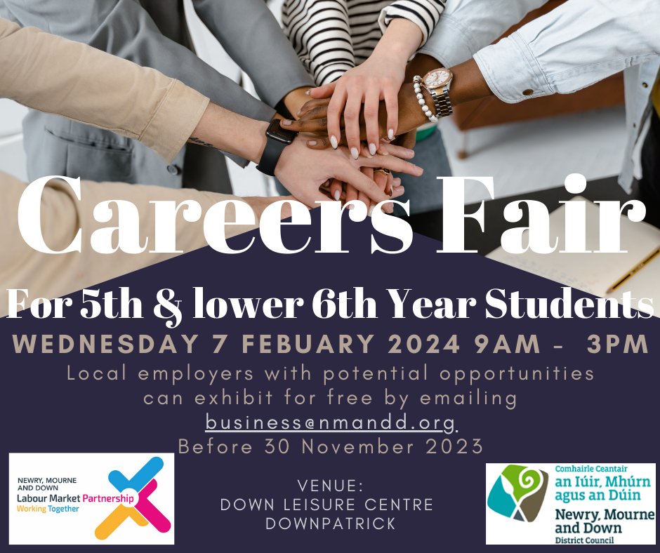 NMDBusiness's tweet photo. 📢Businesses across the @nmdcouncil area are invited to exhibit at a Careers Fair in partnership with NMD Labour Market Partnership, specifically for 5th and lower 6th year students to show case what your business has to offer.

💥Email business@nmandd.org

#nmdcareersfair https://t.co/UByn3nThRe