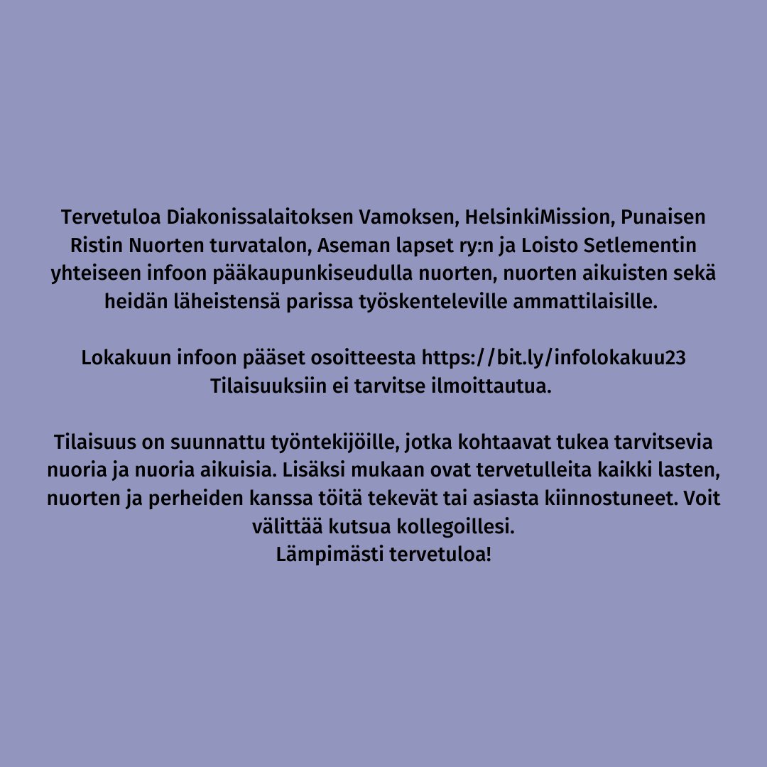 Tervetuloa järjestöinfoon kuulemaan pk-seudun järjestöjen tarjoamasta toiminnasta nuorille aikuisille!
Lokakuun info 31.10.2023 klo 8:55-10:00 Teamsissa: bit.ly/infolokakuu23
Tilaisuuksiin ei tarvitse ilmoittautua 🤗
<a href="/vamosnuoret/">vamosnuoret</a> <a href="/asemanlapsetry/">Aseman Lapset</a> @nuortenturvis <a href="/helsinkimissio/">HelsinkiMissio</a>