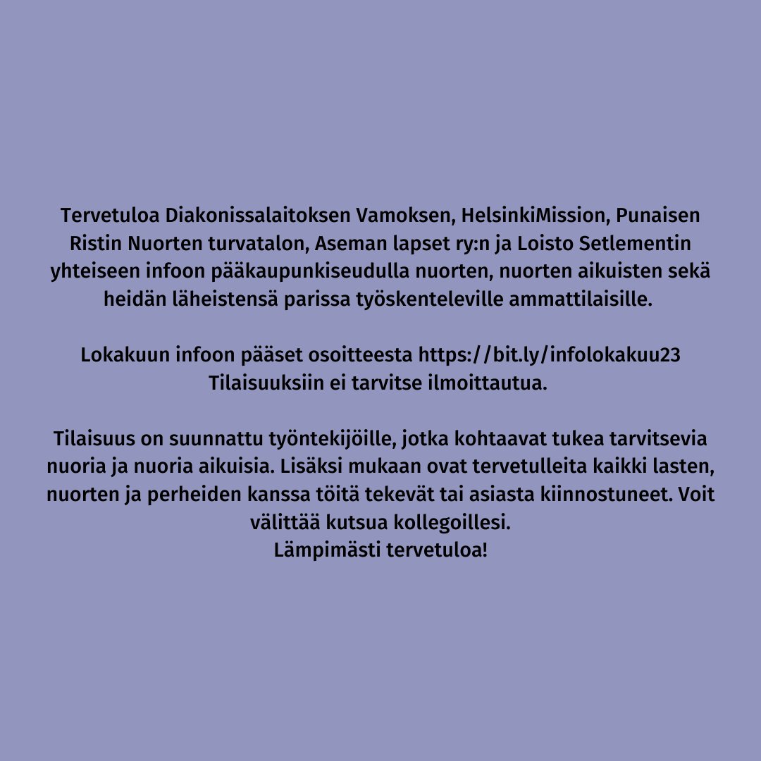 Tervetuloa järjestöinfoon kuulemaan pk-seudun järjestöjen tarjoamasta toiminnasta nuorille aikuisille! Lokakuun info 31.10.2023 klo 8:55-10:00 Teamsissa: bit.ly/infolokakuu23 Tilaisuuksiin ei tarvitse ilmoittautua 🤗 @vamosnuoret @asemanlapsetry @nuortenturvis @helsinkimissio