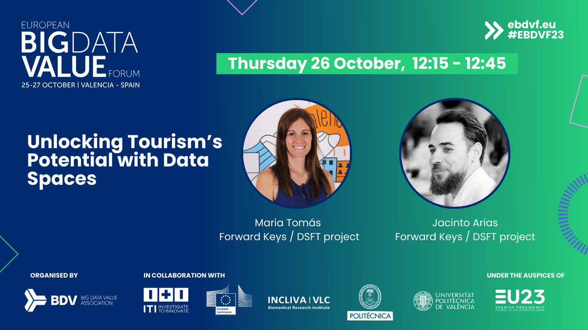 If you are participating at #EBDVF2023, look out for Maria Tomás and Jacinto Arias from @ForwardKeys on October 26 to hear about the role of #DataSpaces and especially #DSFT in unlocking #tourism potential. @moduluniversity @ForwardKeys @ETC_Corporate @citydna_eu