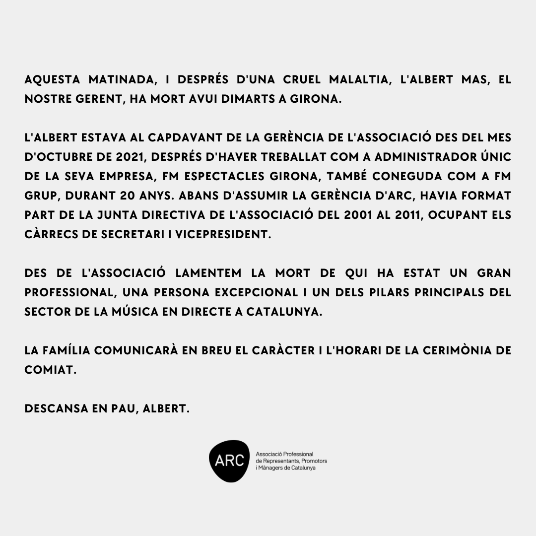 arcatalunya's tweet photo. Aquesta matinada, i després d'una cruel malaltia, l'Albert Mas, el nostre gerent, ha mort avui dimarts a Girona.
Des de l'Associació lamentem la mort de qui ha estat un gran professional, una persona excepcional i un dels pilars principals del sector de la música en directe. https://t.co/RR2NNACVJ7
