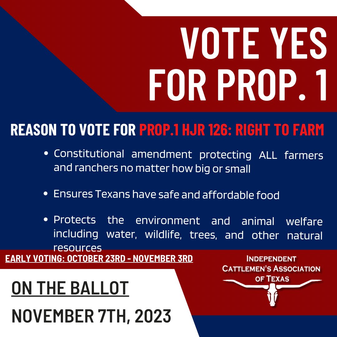 TexasCattlemens's tweet photo. ‼️Early Voting for the November 7th Election will be from October 23rd-November 3rd‼️
Join Texas farmers and ranchers, and vote YES to Prop. 1: Right to Farm✅
Contact the ICA State Office for more information or questions at (512) 620-0162.
#VoteYestoProp1 #RighttoFarm https://t.co/KrVuYHj8Z2