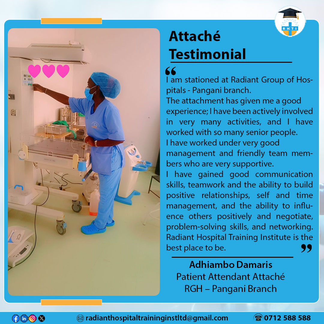 rhti_college's tweet photo. Curious to know about the experience of our students interning @radiant_hosp?
Take a moment to read this testimonial from one of our Patient Attendant Attaches.
Big up, Damaris! We are glad that you are enjoying the experience.
#RHTI #RadiantHospitalTrainingInsitute #RGH https://t.co/6rVOeHFfzJ