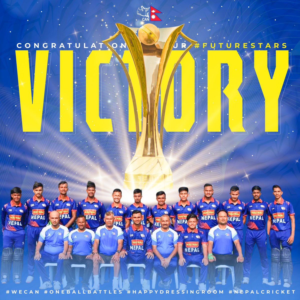 CricketNep's tweet photo. And, we’re the CHAMPION 🏆

Kudos to our #FutureStars on winning the ACC Men’s U19 Premier Cup ❤

#FutureStars | #OneBallBattles | #NepalCricket | #WeCan https://t.co/A1AQFUzYCy