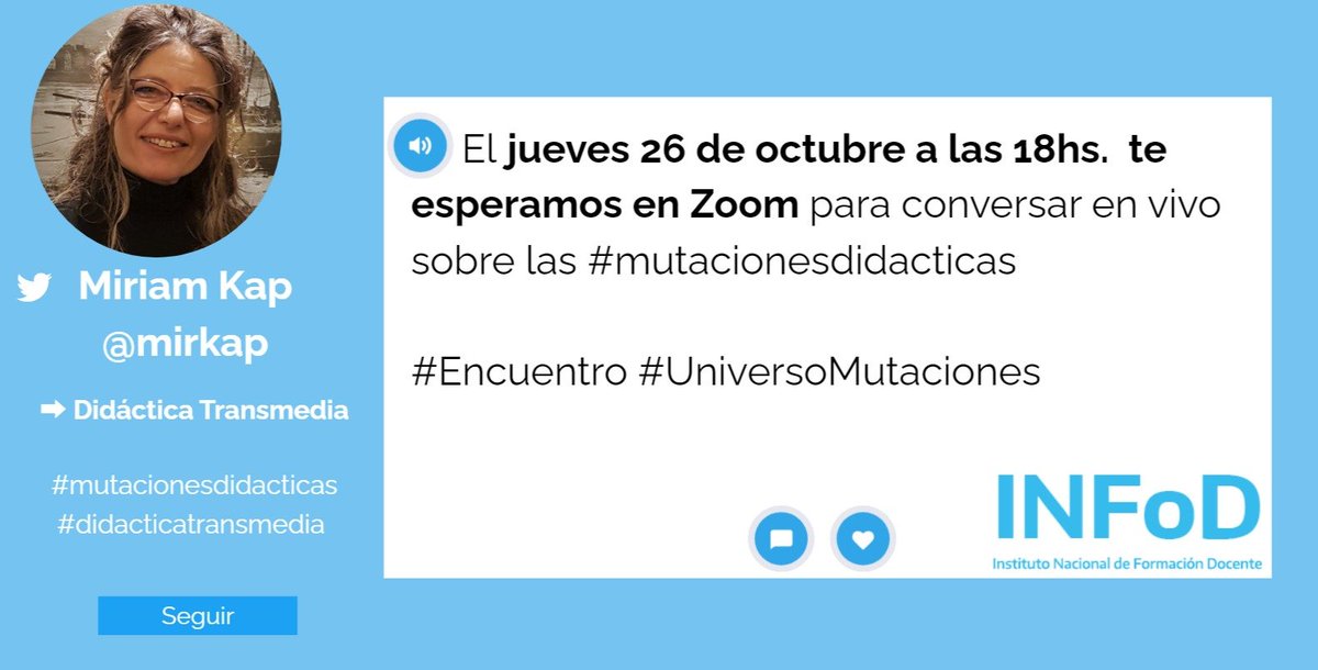 ¡Este jueves conversamos con <a href="/mirkap/">mirkap💚#mutacionesdidacticas #didacticatransmedia</a>! #AfilandoElTwitter #DidácticaTransmedia #INFOD