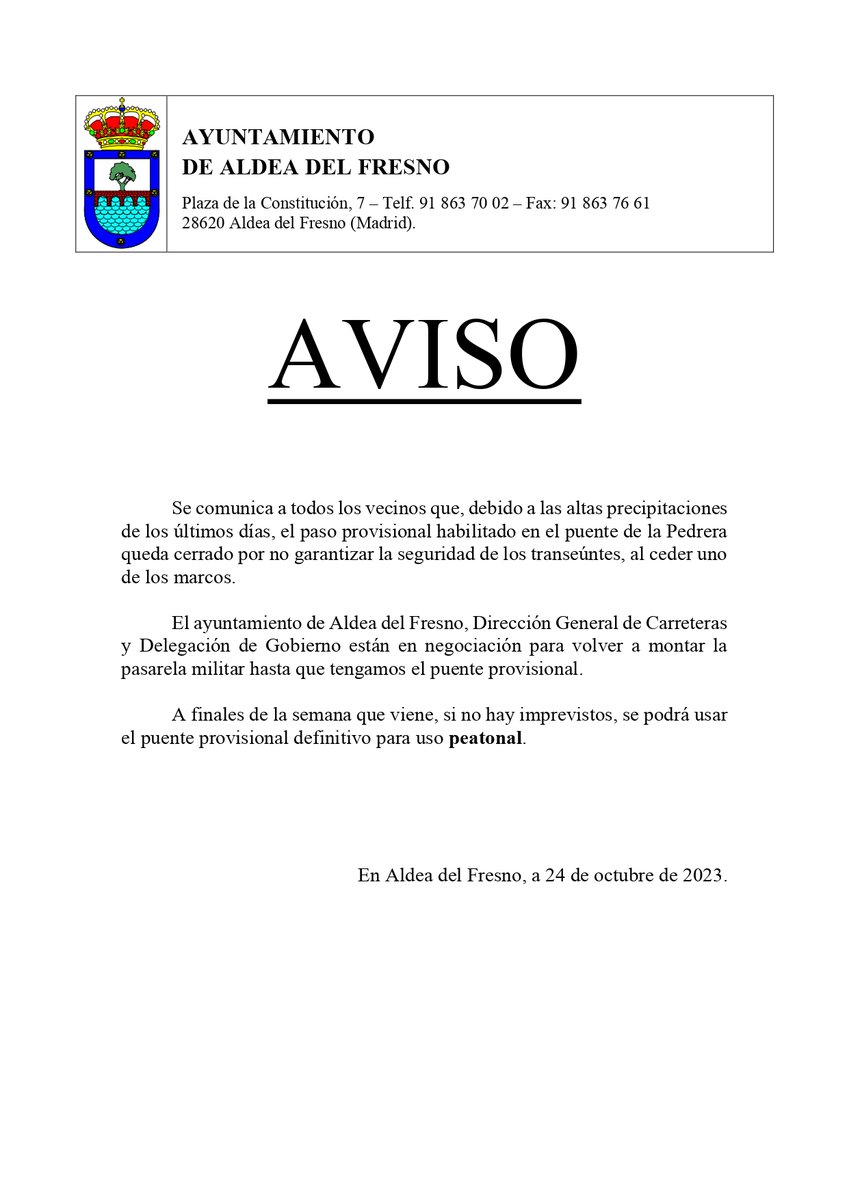 #Noticia | El paso provisional habilitado en el puente de la Pedrera, en #AldeaDelFresno, ha tenido que cerrarse al no poder garantizar la seguridad y ceder uno de los marcos
