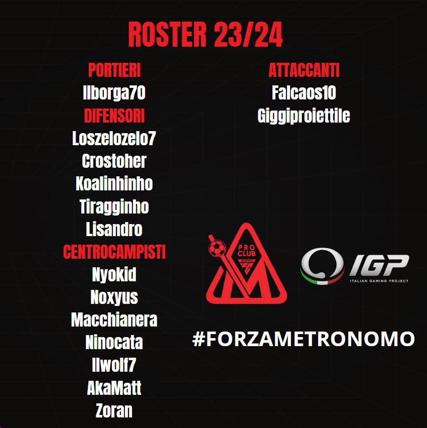 Metronomo (@metronomofc) on Twitter photo Nuova stagione, nuovi giocatori, nuovi obbiettivi, nuovi stimoli. Vi presentiamo ufficialmente la squadra per la stagione 23/24 🤙
#FORZAMETRONOMO
<a href="/VPGItaly/">VPG Italy 🇮🇹</a> <a href="/VPLItaly/">VPL Italy 🇮🇹</a> <a href="/VPGSanMarino/">VPG San Marino 🇸🇲</a> <a href="/IGPClan/">IGP_ASD Official</a> <a href="/DuelmastersGG/">Duelmasters.io</a> <a href="/pctransfermarkt/">🇮🇹 PRO CLUBS TRANSFERMARKT🔍</a> Nuova stagione, nuovi giocatori, nuovi obbiettivi, nuovi stimoli. Vi presentiamo ufficialmente la squadra per la stagione 23/24 🤙
#FORZAMETRONOMO
<a href="/VPGItaly/">VPG Italy 🇮🇹</a> <a href="/VPLItaly/">VPL Italy 🇮🇹</a> <a href="/VPGSanMarino/">VPG San Marino 🇸🇲</a> <a href="/IGPClan/">IGP_ASD Official</a> <a href="/DuelmastersGG/">Duelmasters.io</a> <a href="/pctransfermarkt/">🇮🇹 PRO CLUBS TRANSFERMARKT🔍</a>