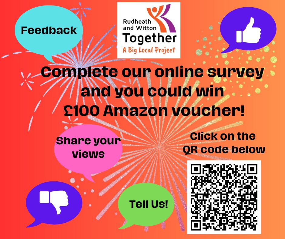 Win a £100 Amazon voucher!
RWT is coming to the end of its 10 year Big Local funding in March 2024 &amp; we would love to hear from residents what difference the project has made.

You can complete the survey via this link bit.ly/3tQKuhn or the QR Code below.
Closes 8th Dec