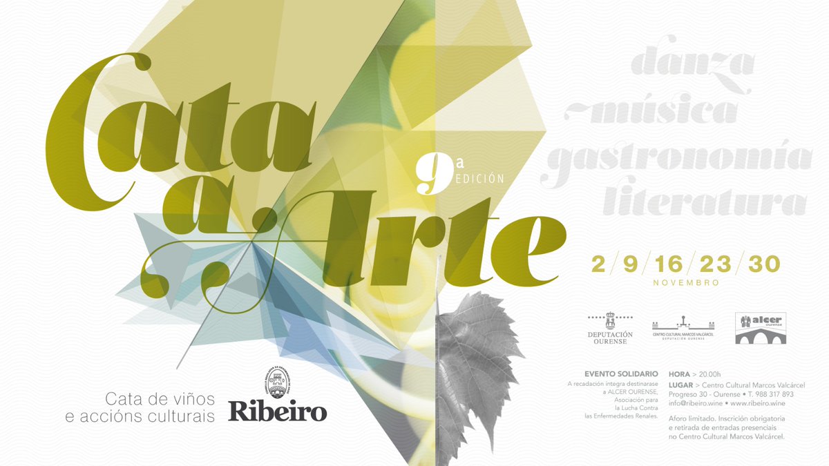 La IX edición del ciclo #CataaArte2023 tendrá lugar en el C C Marcos Valcárcel #Ourense, 2, 9, 16, 23 y 30 de noviembre de 20 a 22 h. Presentaciones, degustaciones de 4 bodegas de la D.O. #Ribeiro, acompañadas de acciones culturales paralelas como música, poesía o magia