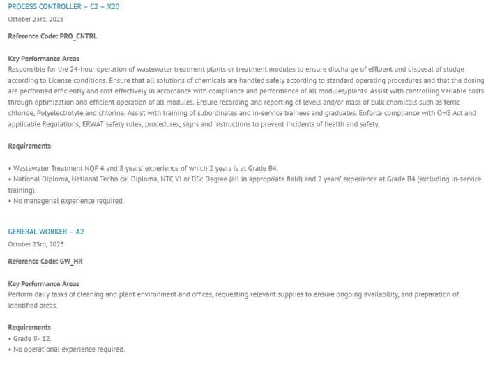 CarolBoitumelo1's tweet image. We are hiring at East Rand Water Care Company (ERWAT).

For more information visit their website
erwat.co.za/vacancies/

Process Controller x20 posts 
Tea Lady (Cleaner) x2 posts 
Electrician x5 posts 
Fitter x8 posts 
Mechanician x2 posts 
Driver x2 posts
Engineer/Technician…