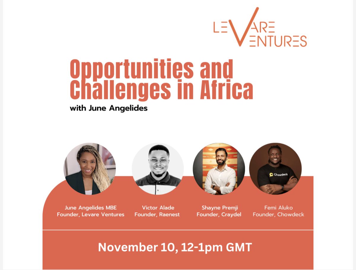 JuneAngelides's tweet photo. African Founders, join me for a closed fireside chat with the founders of @chowdeck, @RaenestHQ and @Craydel_ on Friday 10 November at 12pm to hear first-hand how they are navigating fundraising and growing their businesses in this climate.
Apply here 👉🏾 https://t.co/3nurexBjHN https://t.co/gRkmGqA7Wp