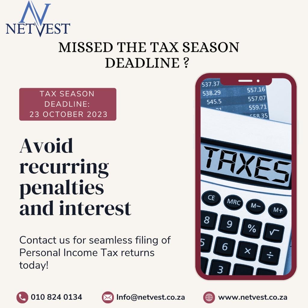 NetVestSA's tweet photo. Missed the tax season deadline?
Contact us! https://t.co/qIcpxCQ7xv