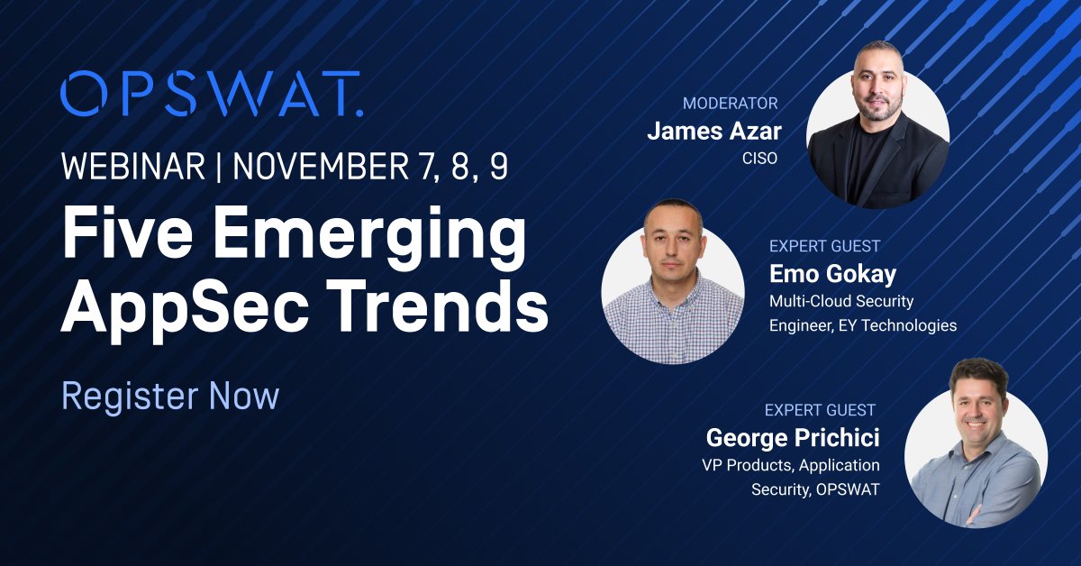 OPSWAT's tweet image. Join security experts Emo Gokay, Multi-Cloud Security Engineer at EY Technologies &amp;amp; George Prichici, VP of Products at @OPSWAT, on November 7, 8, or 9 as they share insights from the frontlines of securing #criticalinfrastructure. Register today: hubs.la/Q026s-nS0