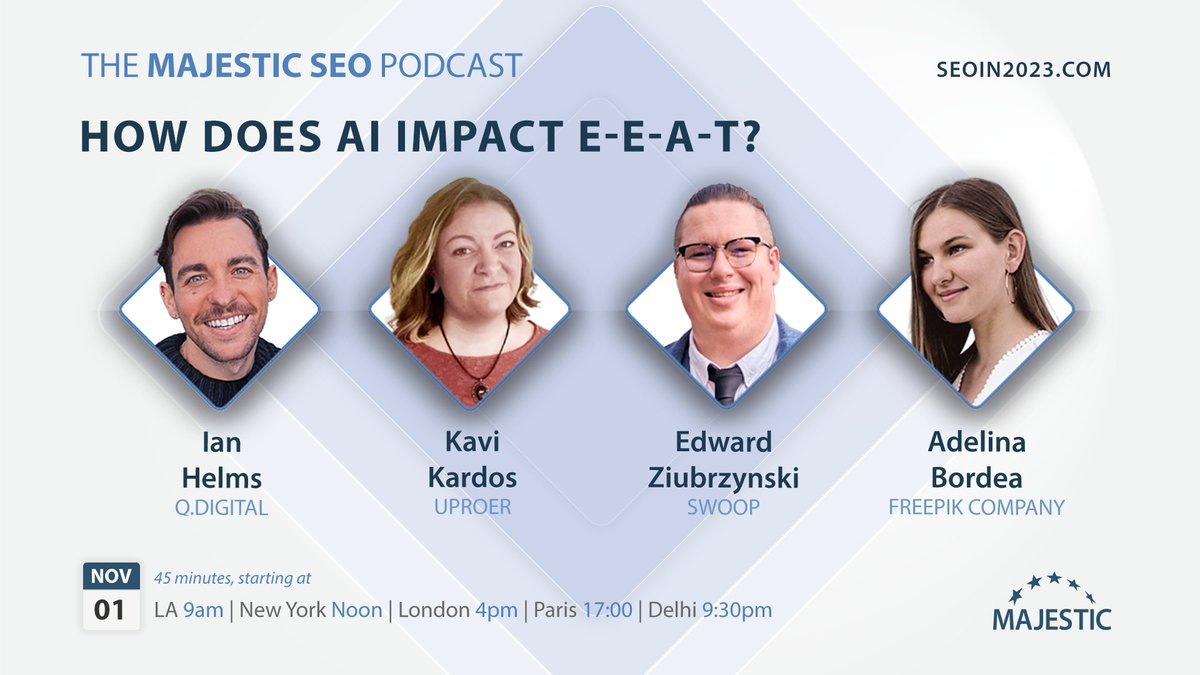Majestic (@majestic) on Twitter photo How should you use AI to generate content while at the same time retaining the principles in EEAT: Experience, Expertise, Authority, and Trust?
Find out on Nov 1st from our incredible panel of experts: <a href="/ade_vb/">Adelina Bordea</a>, <a href="/EddieBearZ/">Eddie Bear</a>, <a href="/IanHelms/">ian helms 🐒</a>, and <a href="/therarevos/">Haunted Doll That Eerily Resembles Kavi Kardos</a>!
maj.to/3QbByuy How should you use AI to generate content while at the same time retaining the principles in EEAT: Experience, Expertise, Authority, and Trust?
Find out on Nov 1st from our incredible panel of experts: <a href="/ade_vb/">Adelina Bordea</a>, <a href="/EddieBearZ/">Eddie Bear</a>, <a href="/IanHelms/">ian helms 🐒</a>, and <a href="/therarevos/">Haunted Doll That Eerily Resembles Kavi Kardos</a>!
maj.to/3QbByuy