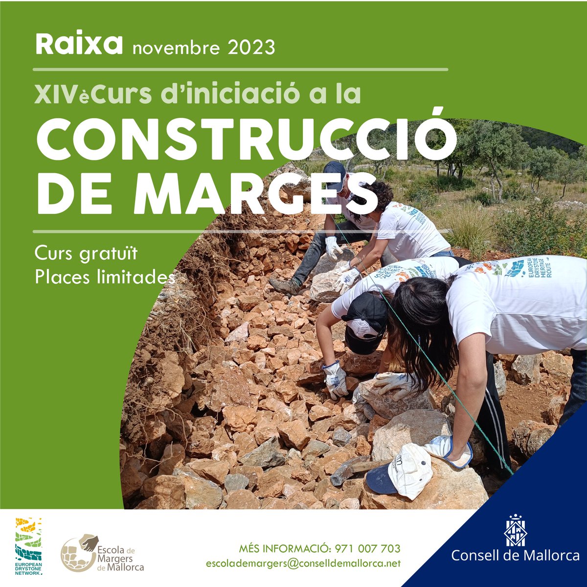 PedraSenderisme's tweet photo. 🪨 Ja estan obertes les inscripcions pel XIV curs gratuït d'iniciació a la construcció de marges, que es farà a la finca pública de #Raixa durant el mes de novembre.

🔗 Inscripcions: https://t.co/z359tJLlqI https://t.co/vehWA5pVCc
