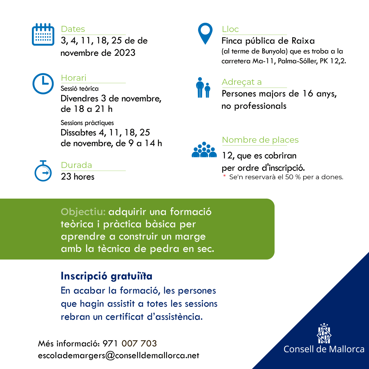PedraSenderisme's tweet photo. 🪨 Ja estan obertes les inscripcions pel XIV curs gratuït d'iniciació a la construcció de marges, que es farà a la finca pública de #Raixa durant el mes de novembre.

🔗 Inscripcions: https://t.co/z359tJLlqI https://t.co/vehWA5pVCc