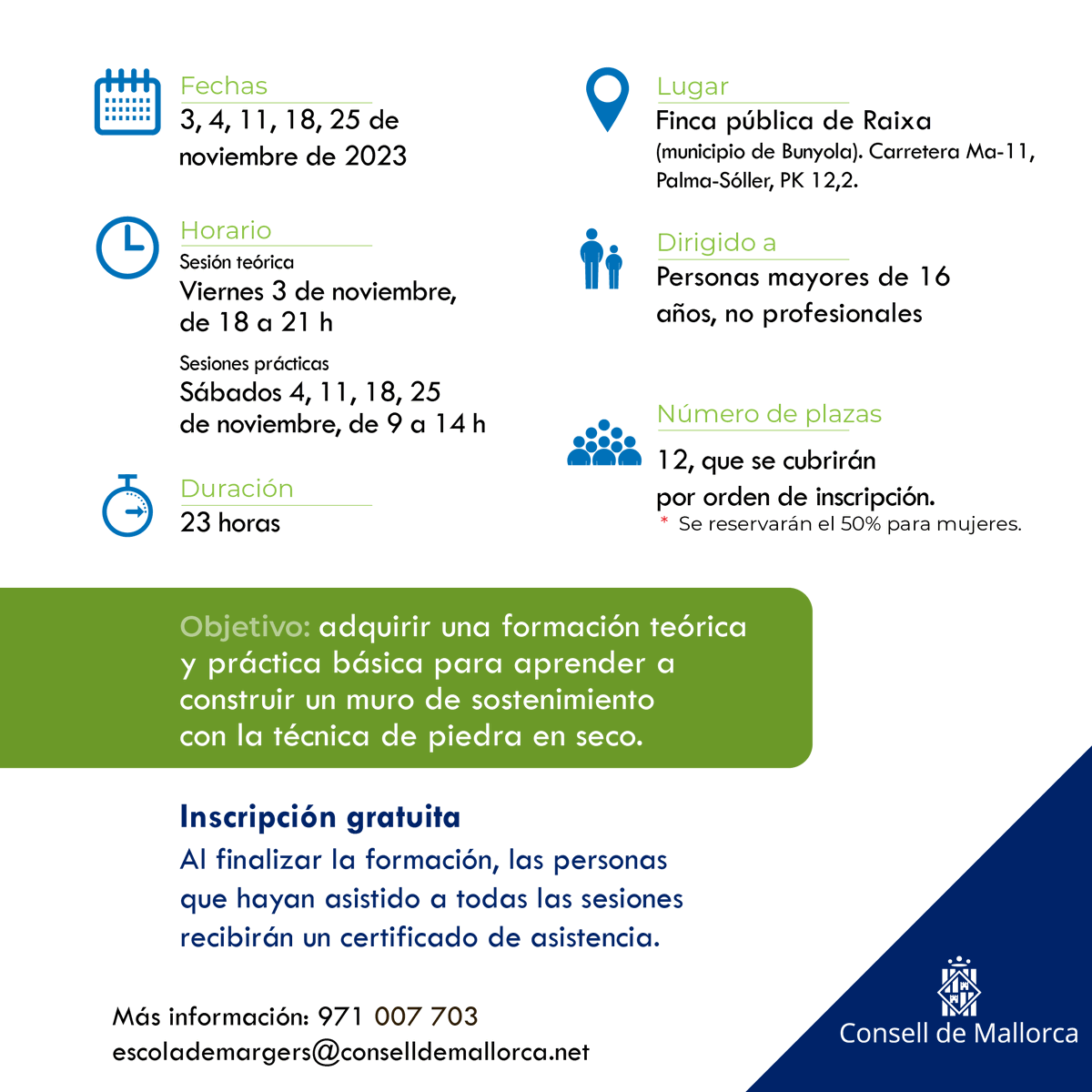 PedraSenderisme's tweet photo. 🪨 Ja estan obertes les inscripcions pel XIV curs gratuït d'iniciació a la construcció de marges, que es farà a la finca pública de #Raixa durant el mes de novembre.

🔗 Inscripcions: https://t.co/z359tJLlqI https://t.co/vehWA5pVCc