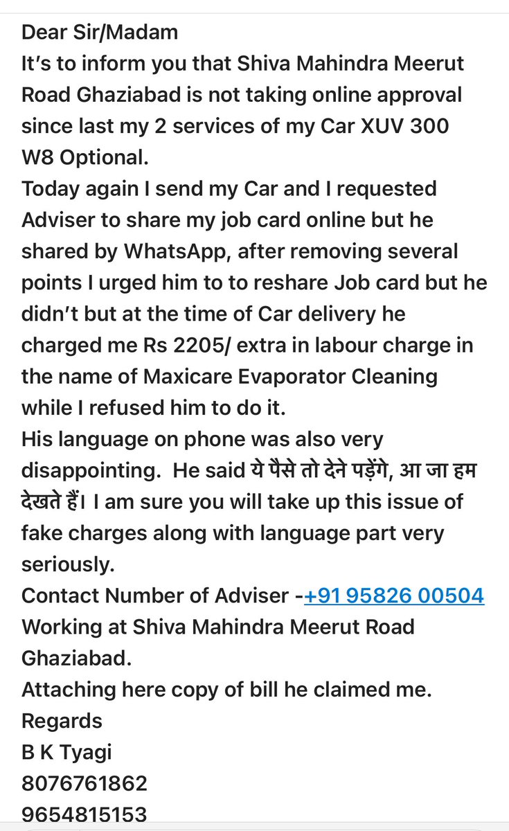 BKTyagi2's tweet photo. @Mahindra_Auto Dear Sir,I have sent an email on your available customer care and sending here my complaint for your prompt action and reply. https://t.co/nHvkx8S81f