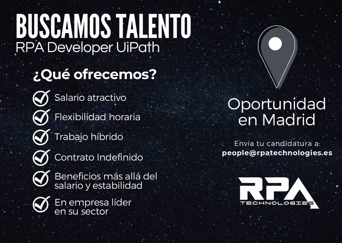 RpaTechnologies's tweet photo. ¿Quieres formar parte de RPA?🅱🆄🆂🅲🅰🅼🅾🆂 #𝐫𝐩𝐚𝐝𝐞𝐯𝐞𝐥𝐨𝐩𝐞𝐫 UiPath para participar en proyectos de desarrollo de automatismos con tecnología del fabricante en empresa puntera en #𝐑𝐏𝐀 en #Madrid.

Si estás interesad@ puedes aplicar en: 
𝗶𝗻- https://t.co/yXwk91n1dd https://t.co/zFqxcKWU2p