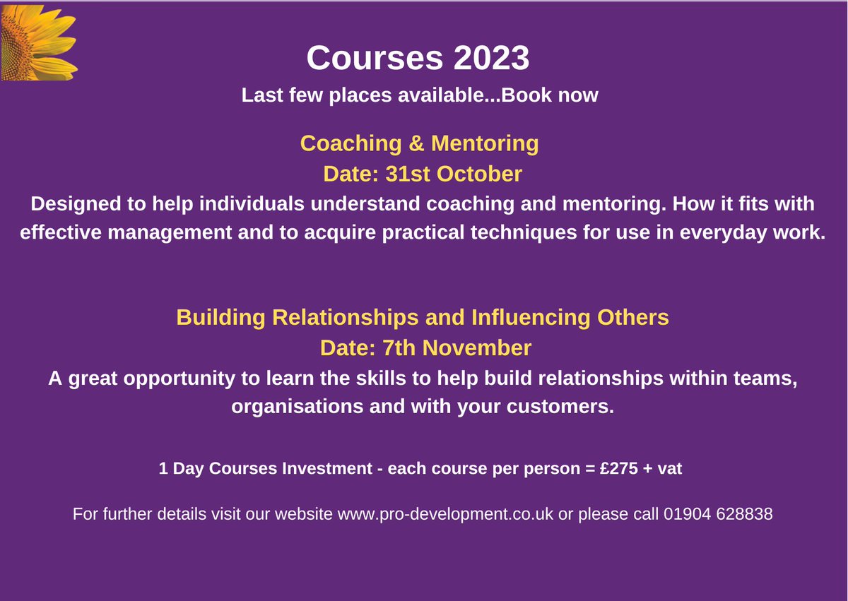 Last few places available 🌻

Hurry though as bookings will be taken on a first come first served basis 🌻

Book now 🌻

#coaching #mentoring #buildingrelationships #influencingothers
#onedaycoures
#BookNow 
#Training 
#development