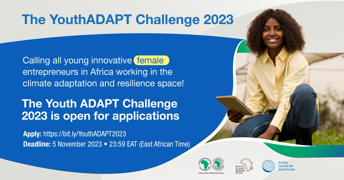 The #AAAP, a collaborative effort by @AfDB_Group and @GCadaptation, invites aspiring young innovators to join the 3rd edition of the #YouthADAPT Challenge, aimed at empowering a new generation of climate change solution providers. 🌍💡 #YouthAdaptChallenge 

Learn more on