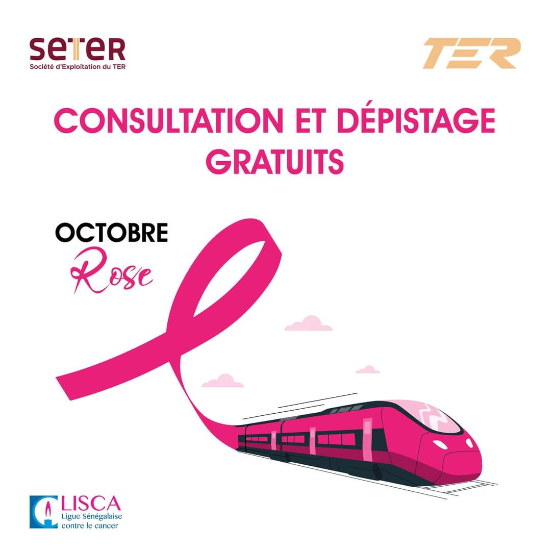 #OctobreRose La Seter en partenariat avec la @lisca_sn vous convie aux journées de dépistage gratuit du cancer du sein : 25 octobre : gare de Dakar 26 octobre : gare de Thiaroye 27 octobre : gare de Rufisque De 09h à 18h Ensemble, luttons contre le cancer du sein !