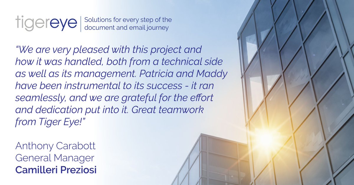 We are delighted to share this feedback from Camilleri Preziosi Advocates for our projects team!

To find out why firms across the globe trust our iManage Project Management Services, visit our website:
tigereyeconsulting.com/solution/imana…

#CustomerSuccess | #LegalTech | #LegalInnovation