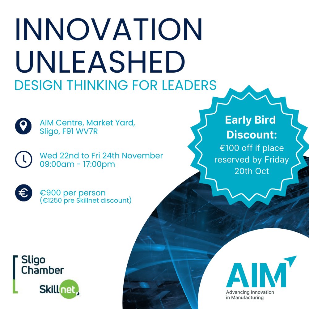 If your business is grappling with stagnant innovation and you want to revolutionise your approach and seize Industry 4.0 opportunities, design thinking is for you. Equip yourself with techniques and tools to excel in the modern manufacturing landscape.
aimcentre.ie/design-thinking