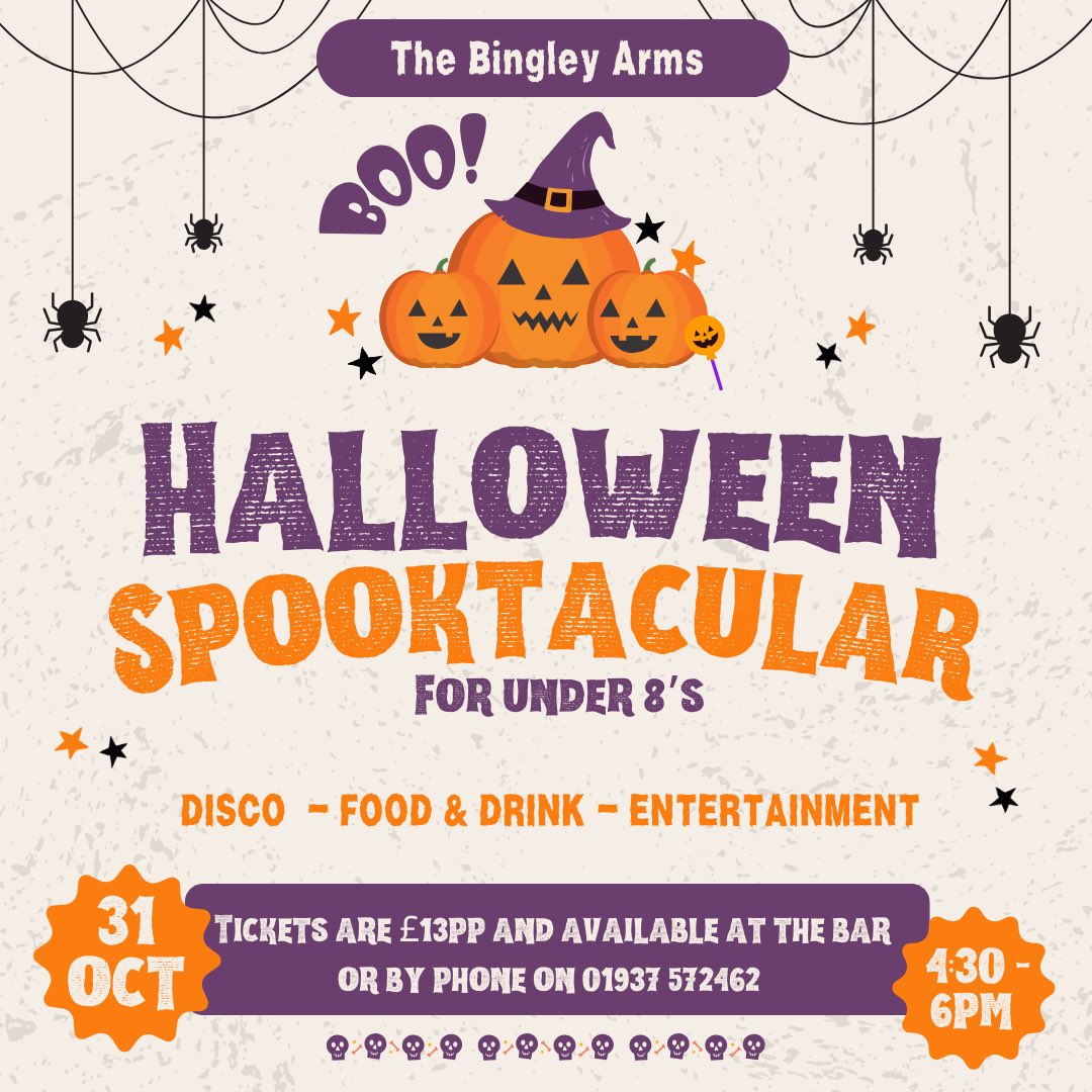 Only one week to go till our Halloween Spooktacular disco for under 8's!👻

Tickets are still available for £13pp and can be purchased at the bar or by giving us a call!🎟️

#thebingleyarms #thebingleyarms953ad #leedshalloween #halloweendisco