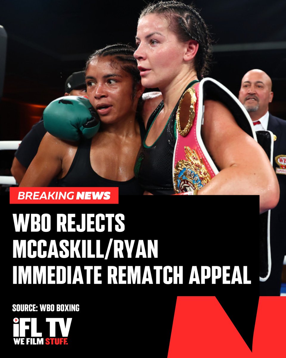 IFLTV's tweet photo. WBO REJECTS MCCASKILL/RYAN IMMEDIATE REMATCH APPEAL ❌
The WBO has rejected an appeal by Matchroom Boxing to order an immediate rematch between Jessica McCaskill & Sandy Ryan after their controversial draw last month.
A big shame 👎🏼
#McCaskillRyan | #BoxingNews https://t.co/dtPohfij3J