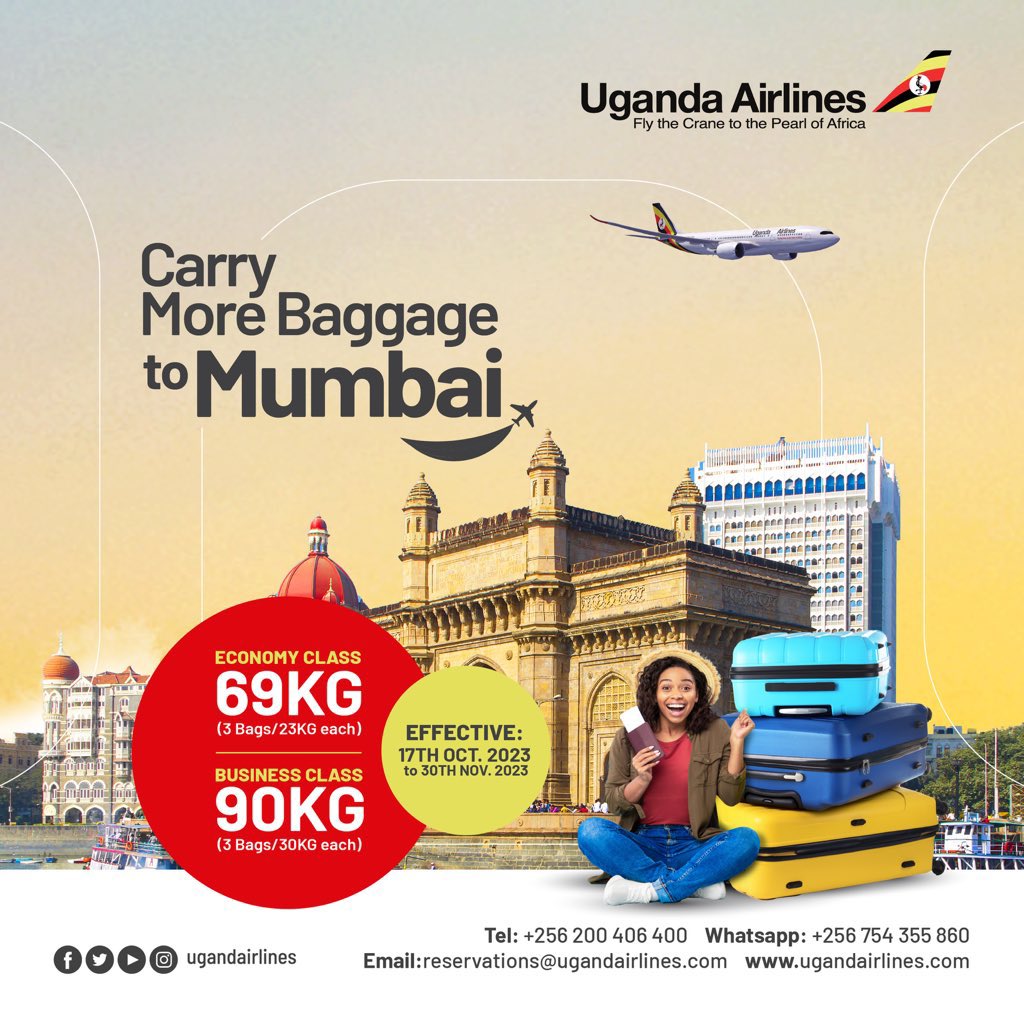 GouInfrastruct's tweet photo. The increased baggage allowance of up to 69kg in Economy Class and 90kg in Business Class is a generous offer for travelers on @UG_Airlines. It's essential to take advantage of this when booking your flight if you have extra luggage to carry.
Book here 
👇🏽
https://t.co/ONy1lyVxOh https://t.co/0GTt9ZmoWH