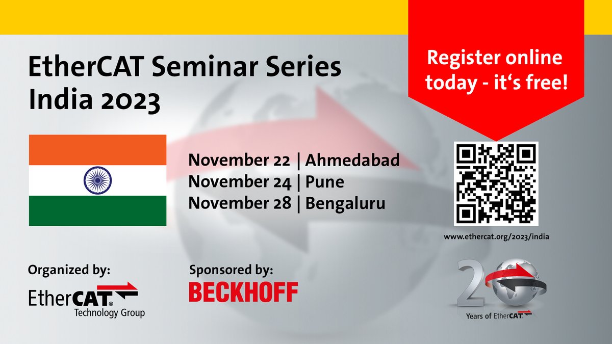 <a href="/EtherCAT_Group/">EtherCAT Group</a> is presenting an exclusive #EtherCAT Seminar Series 2023 in #India:

Nov 22 in #Ahmedabad
Nov 24 in #Pune
Nov 28 in #Bengaluru

Please register soon, as the number of seats is limited:
lnkd.in/dtJ4wkA3

We are looking forward to meeting you in India!