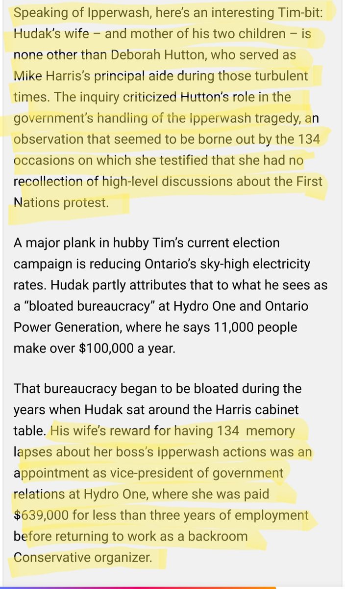 Dred_Tory's tweet photo. History nerds will know that Deb Hutton, wife of former PCP leader Tim Hudak, isn't just any old party hack. She was a senior aide to Mike Harris, and helped his loathsome government slime out of criminal responsibility for the Ipperwash disaster. And was amply rewarded for it. https://t.co/DTZSG1JaC3