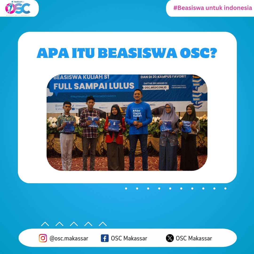 OSCMakassar's tweet photo. #SobatOSC, Kenalan yuk dengan program Beasiswa online terbesar di Indonesia!

Buat kamu yang lagi cari informasi beasiswa, kebetulan banget nih Online Scholarship Competition (OSC) lagi open registration, lho...

#medcomid #oscmedcomid #beasiswa2023  #beasiswakuliah https://t.co/zmNp573Ycb