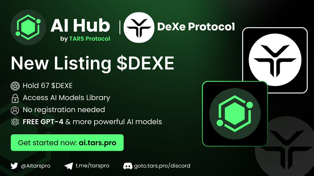 murphai_io's tweet photo. 🌟 Exciting Update! 🎉

DeXe Protocol ($DEXE) has officially joined the prestigious TARS AI Hub! 🔥

@DexeNetwork @DeXeDAOStudio 

Obtain a mere 67+ $DEXE tokens to gain access to our all-encompassing AI Models Library. Dive into advanced technologies such as GPT-4, AI Text-to-Speech, Image recognition, and more, all without any charges or sign-ups!

Commence your #AI journey now at 👉 ai.tars.proand dive into the realm of #DeXeProtocol! 💼🚀🔓

#AIGC #TARS #Web3