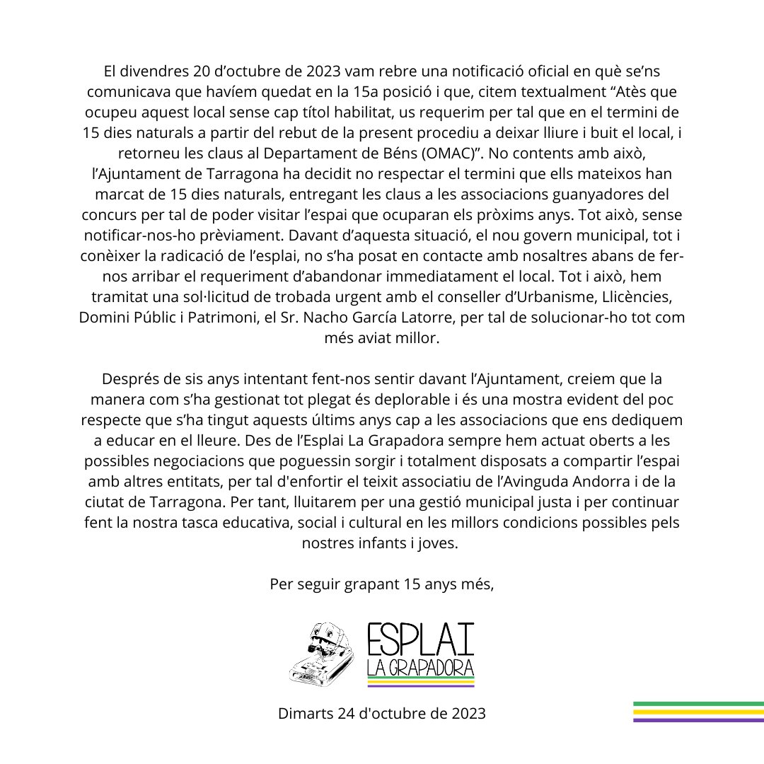 Comunicat de l'Esplai la Grapadora sobre la situació del local de l'Av Andorra, 15, Baixos.