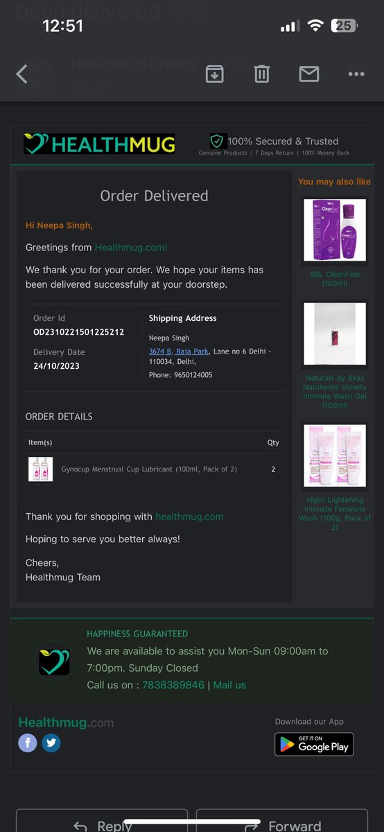 @healthmug My order id is OD2310221501225212
I hv ordered 2 quantity of Gynocup menstrual cup lubricant (pack of 2) as order pic attached below.I should receive 4units. That’s y I paid Rs 598. However I have received only 2 pieces. Please look into the matter and arrange refund