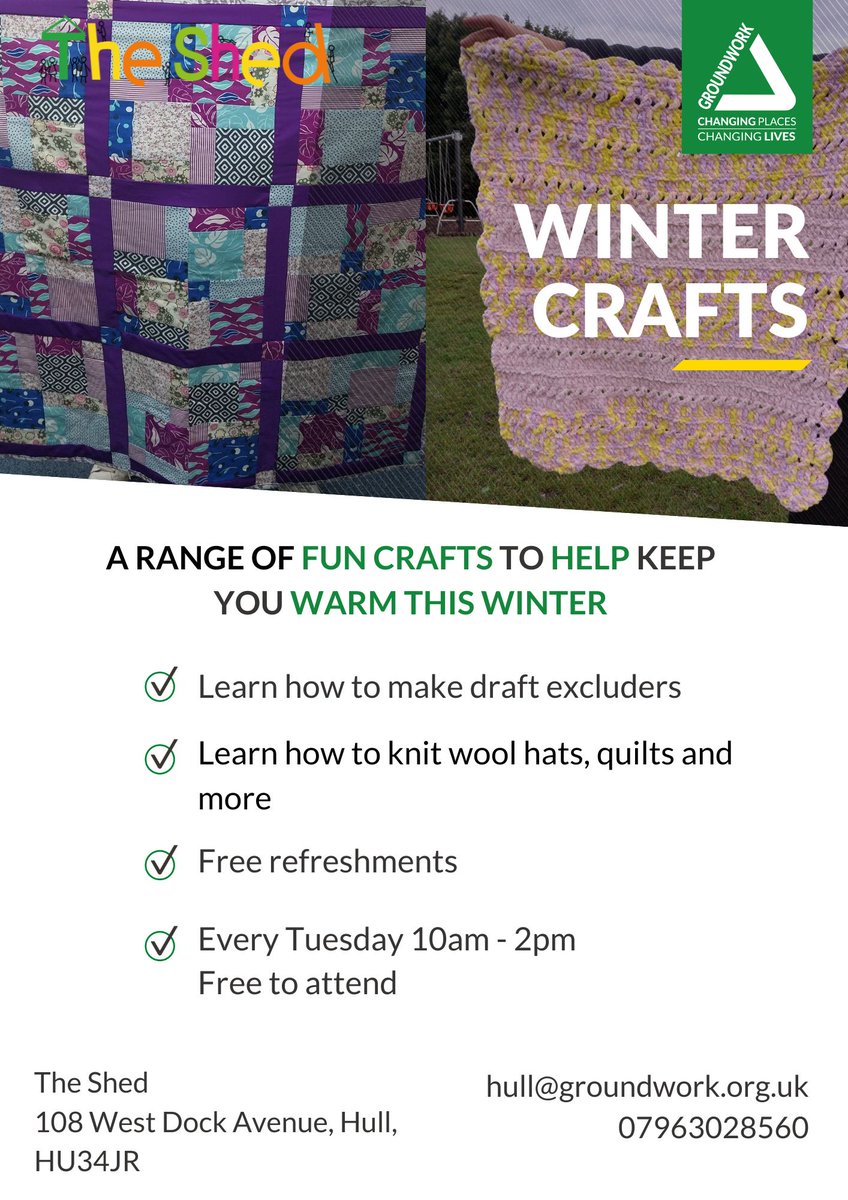 The Shed on West Dock Avenue is holding a Winter Crafts session from 10am to 2pm and its FREE, why not go along and learn a new skill. @GroundworkHull @Hullccnews @HCCRiverside
