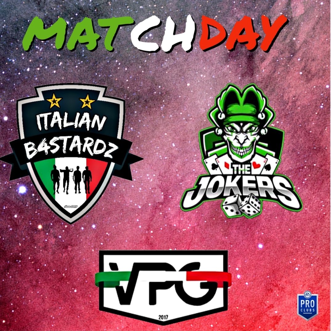🔹MATCHDAY🔹
🔜 Questa sera!

🗓 2a Giornata 
🏆 <a href="/VPGItaly/">Virtual Pro Gaming Italy 🇮🇹</a>
🕥 22:45
🆚 @TheJokers2023

#ForzaItali4nB4stardz
<a href="/pctransfermarkt/">🇮🇹 PRO CLUBS TRANSFERMARKT🔍</a> <a href="/tanadelproclub/">La Tana del ProClub</a> <a href="/vGamesRT/">vGamesRT 🔄</a> <a href="/KickOff_ProClub/">Kick-Off</a> @RT_NoLimits <a href="/RTproclub/">𝚁𝚃𝚙𝚛𝚘𝚌𝚕𝚞𝚋</a>