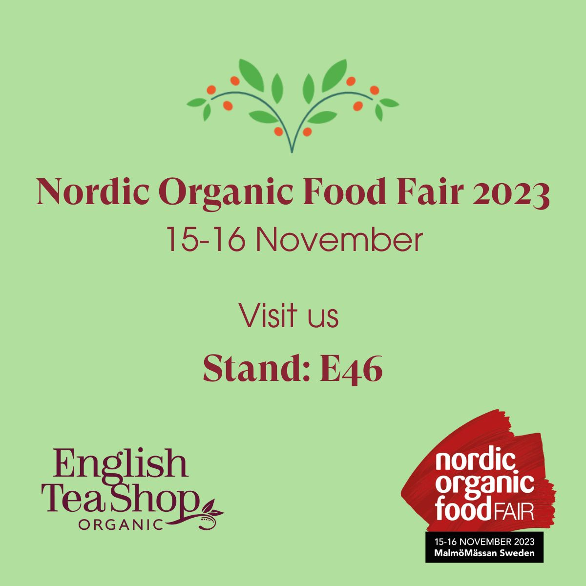 We will be at the Nordic Organic Food Fair 2023 in MalmöMässan, Sweden.

Meet us at the largest trade show for organic and sustainable products in the Nordic region happening on 16th &amp; 17th November.

#nordicfair #etsteas #organic