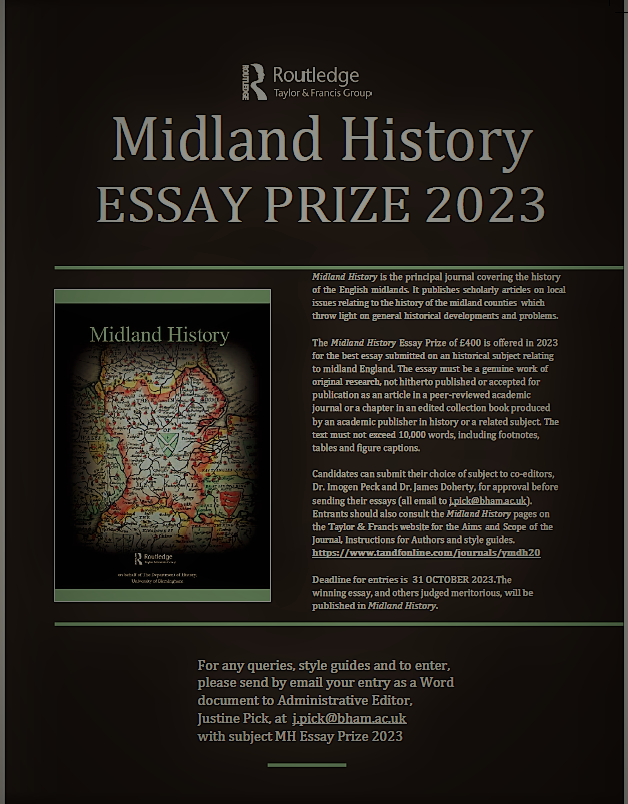📣#PGRs #ECRs Studying any aspect of Midlands history? Deadline approaching for entries to the Midland History Essay Prize 2023 - 31 October 🎃 £400 first prize and opportunity to publish your research