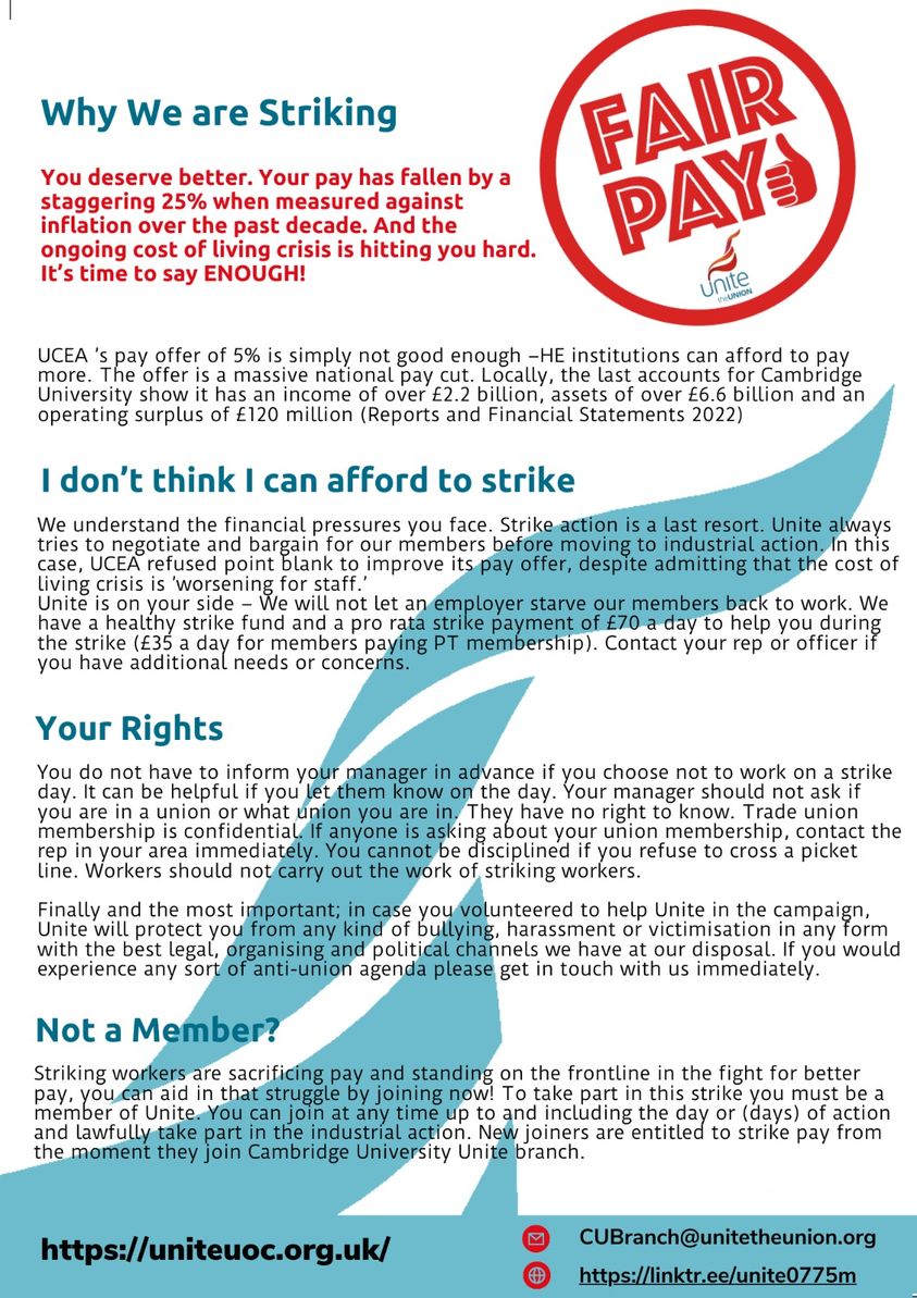 Unite0775M's tweet photo. Our first strike day at Cambridge University.  Come and support us!  Rally outside Senate House today at 13.00.  Use the hashtag #fairpayinHE https://t.co/yE8685IVcP