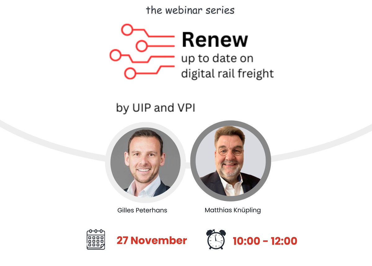 COMING ON 27 November 10:00 - 12:00😎
We are launching the webinar ‘RENEW – up to date with digital freight’ !
🔴Tune in for the latest news on digitalization efforts in the #railfreight sector in Europe!
FREE registration 👉vpihamburg.de/en/events/rene…