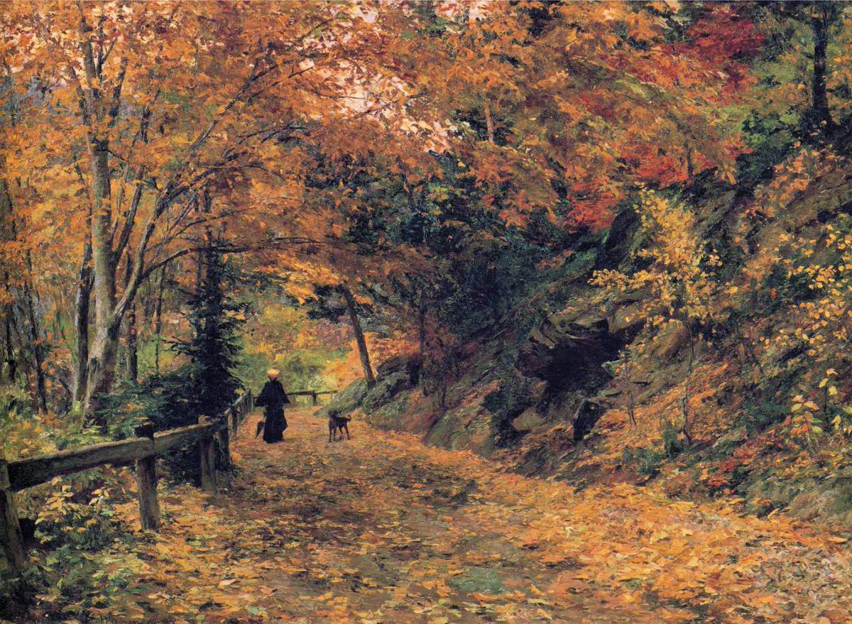 Austrian impressionist painter Olga Wisinger-Florian, Falling Leaves (1899) #WomensArt #Autumn #Fall.