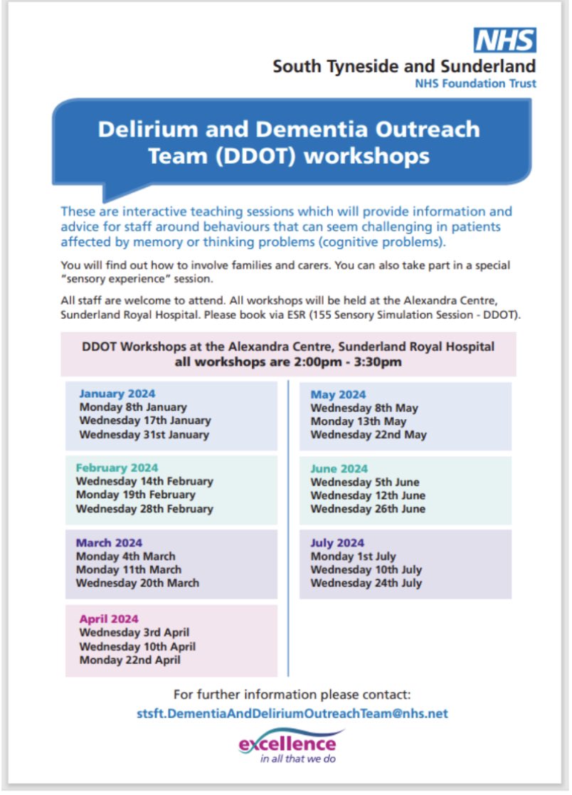 Attention all staff <a href="/STSFTrust/">South Tyneside and Sunderland NHS Foundation Trust</a>! We have workshops available throughout next year at the Alexandra Centre, SRH for both staff at SRH &amp; STDH. The interactive teaching sessions provide advice and support to staff on how to support pt's with cognitive difficulties. Please book! 👇👇