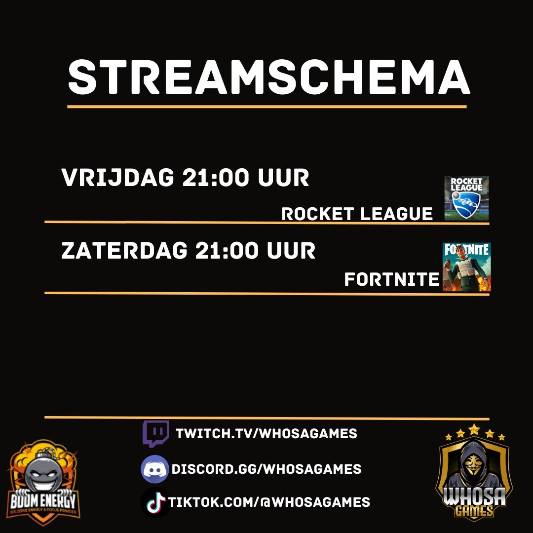 Whosagames's tweet photo. Daar gaan we weer! Aanstaande vrijdag en zaterdag. #twitch #RocketLeague #epicgames #Fortnite https://t.co/7jJoQDoDdn