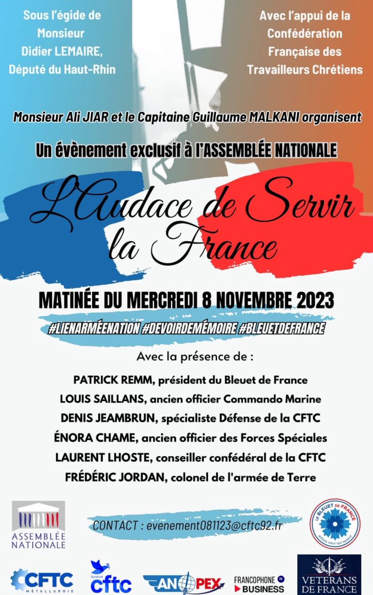L'AUDACE DE SERVIR LA FRANCE🇫🇷 à l'Assemblée Nationale 🏛️! événement organisé par M. Ali JIAR et le CNE Guillaume MALKANI, sous l'égide de M. Didier LEMAIRE Député du 68 avec la #CFTC.
#Audacedeservir #AssembléeNationale #LienArméeNation #DevoirDeMémoire
<a href="/ali_jiar/">Ali JIAR 🇫🇷</a> @armeedeterre